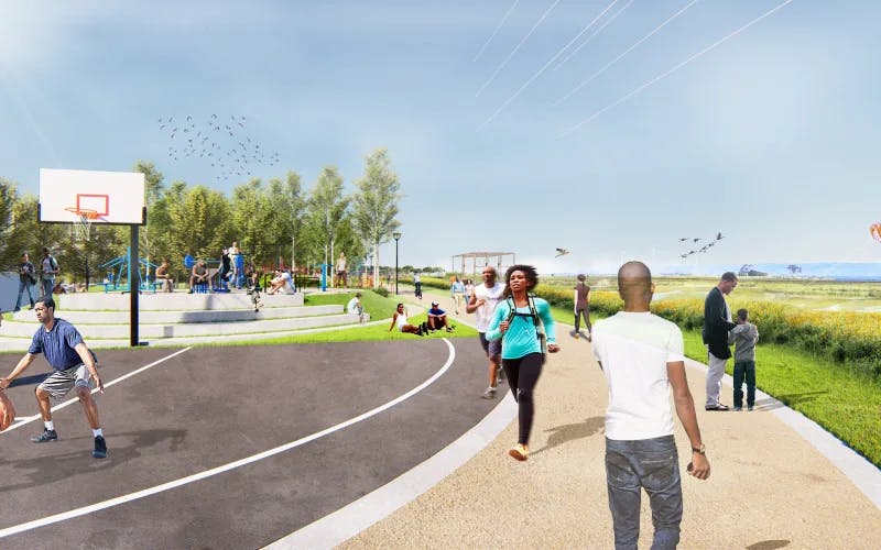  The Landing Concept render of pedestrians walking near a basketball court